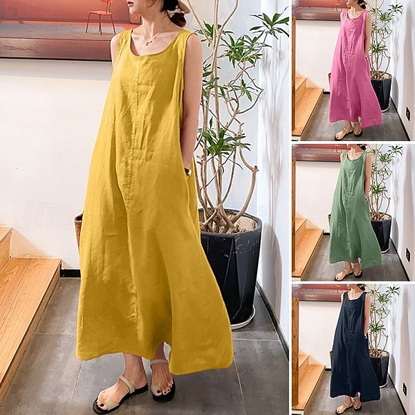 Femmes Robe Maxi Robes effet lin Robe fourreau Robe Décontractée Mode Basique Moderne Quotidien Vacances Sortir Coupe Ample Uni Sans manches Col en U Jaune Rose Claire Rouge bleu marine Été Printemps de 2026 ? $21.99 –P1
