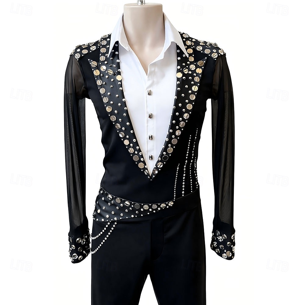 توب للتزلج الفني على الجليد رجالي تزلج على الجليد كنزات أسود بقع قابل للبسط التدريب منافسة ملابس التزلج كلاسيكي الكريستال / حجر الراين كم طويل التزحلق على الجليد الرقص على الجليد 2026 - $293.29 –P1