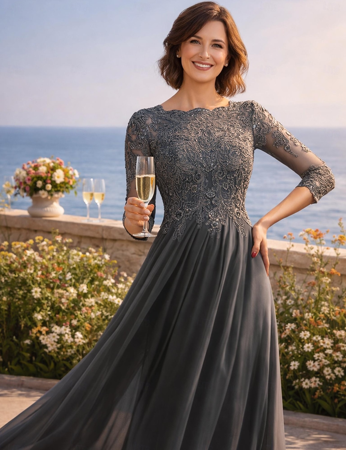 A-Linie Bodenlänge Hochzeitsgastkleid Formelle Kleider Abendkleid Brautmutterkleid 3/4-Ärmel Rundhalsausschnitt Elegant formell Hochzeitsgast mit Falten Solid Color 2026 - $195.99 –P2
