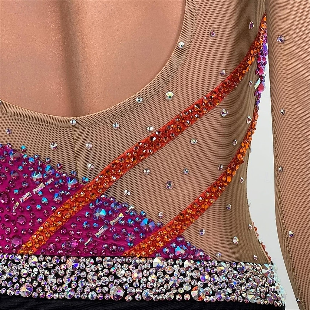 Eiskunstlaufkleid Mädchen Eislaufen Kleid Rosenrot Patchwork Offener Rücken Dehnbar Training Wettbewerb Eiskunstlaufkleidung Klassisch Kristall / Strass Langarm Eislaufen Eiskundstlauf 2026 - $333.09 –P6