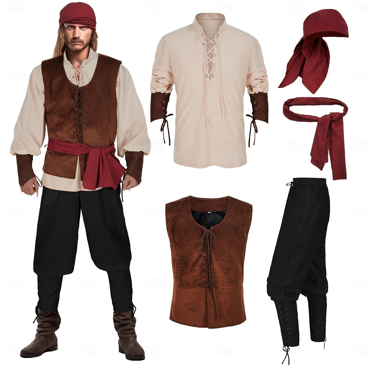 Set Retrò Vintage Medievale Rinascimento Pantaloni Copricapo Gilet con accessori Lunghe Pirata Girocollo Costume Per uomo Halloween Carnevale Fiera Rinascimentale LARP Adulti Gilet Camicia Pantaloni del 2026 a $103.99 –P1