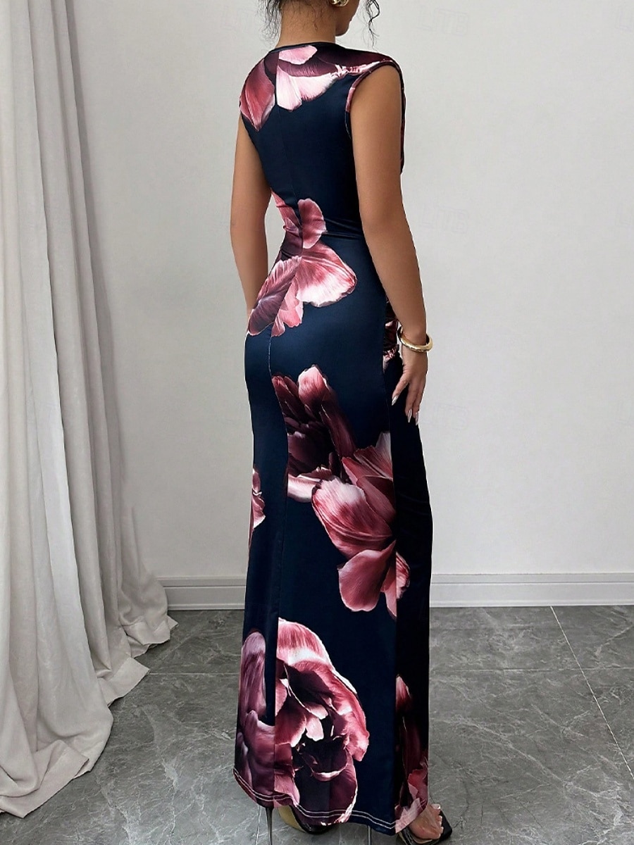 Dames Maxi-jurk Satijnen Jurk Bodycon Bloemetjesjurk Jurk met print Elegant Modieus Modern Buiten Vakantie Feest Normale pasvorm Bloemig Mouwloos Strakke ronde hals Marineblauw Zomer Lente 2026 - $19.99 –P3