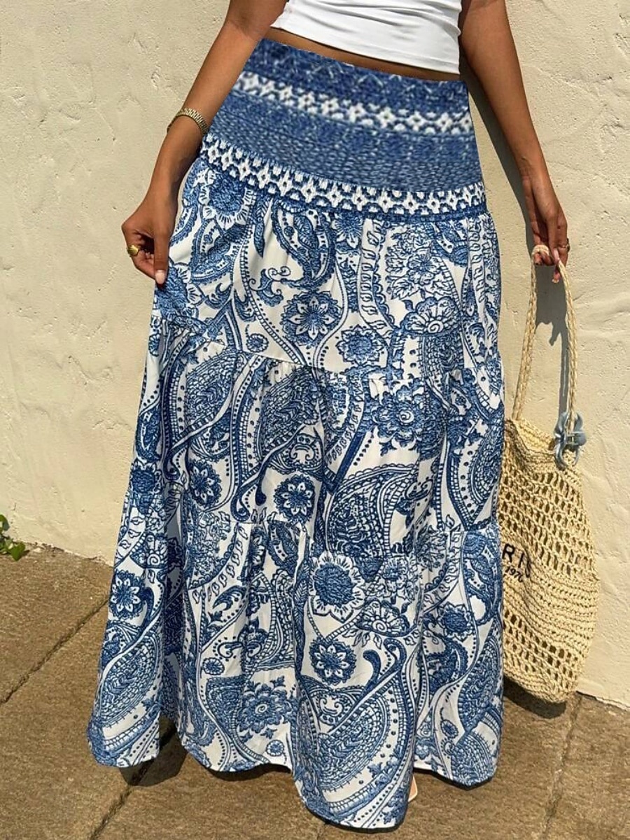 Damen Urlaubsrock Bohemien Vintage Lässig Maxi Hohe Taille Röcke Blumen Druck Mikroelastisch Täglich Straße Blau Sommer 2026 - $25.99 –P1