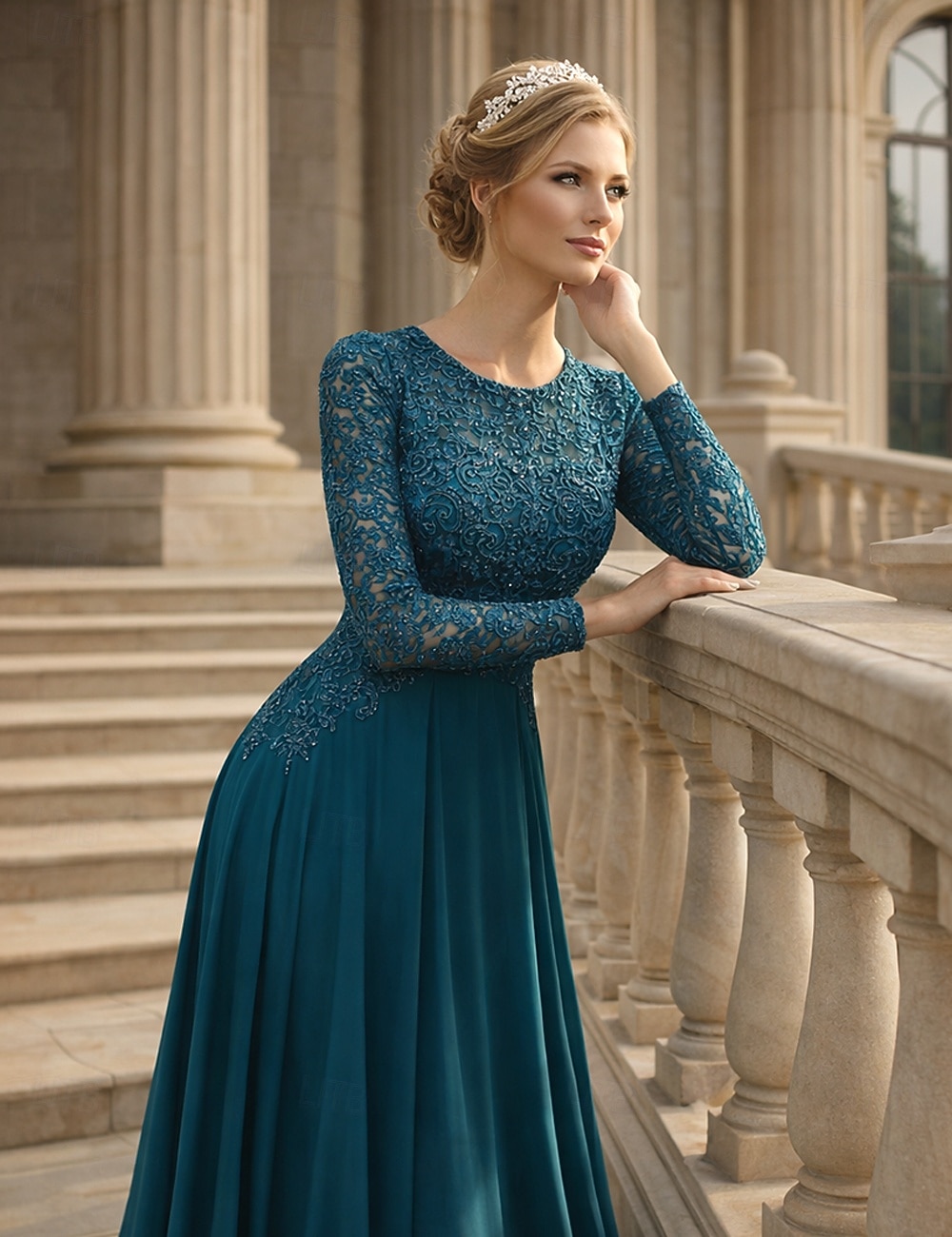 A-Linie Bodenlang Kleid für Hochzeitsgäste Abendkleid Brautmutterkleid Langarm Rundhalsausschnitt Elegant Party Formell Hochzeitsgast Formeller Abend Spitze mit Falten 2026 - $172.99 –P3