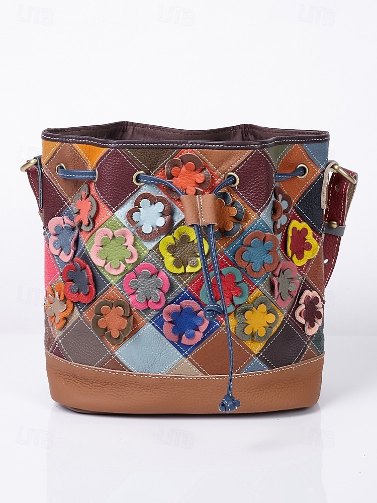 női bohém bőr vödörtáska, többszínű virágmintával, sokoldalú viselet, állítható vállpántok, tökéletes a mindennapi használatra 2026 - $54.99 –P9