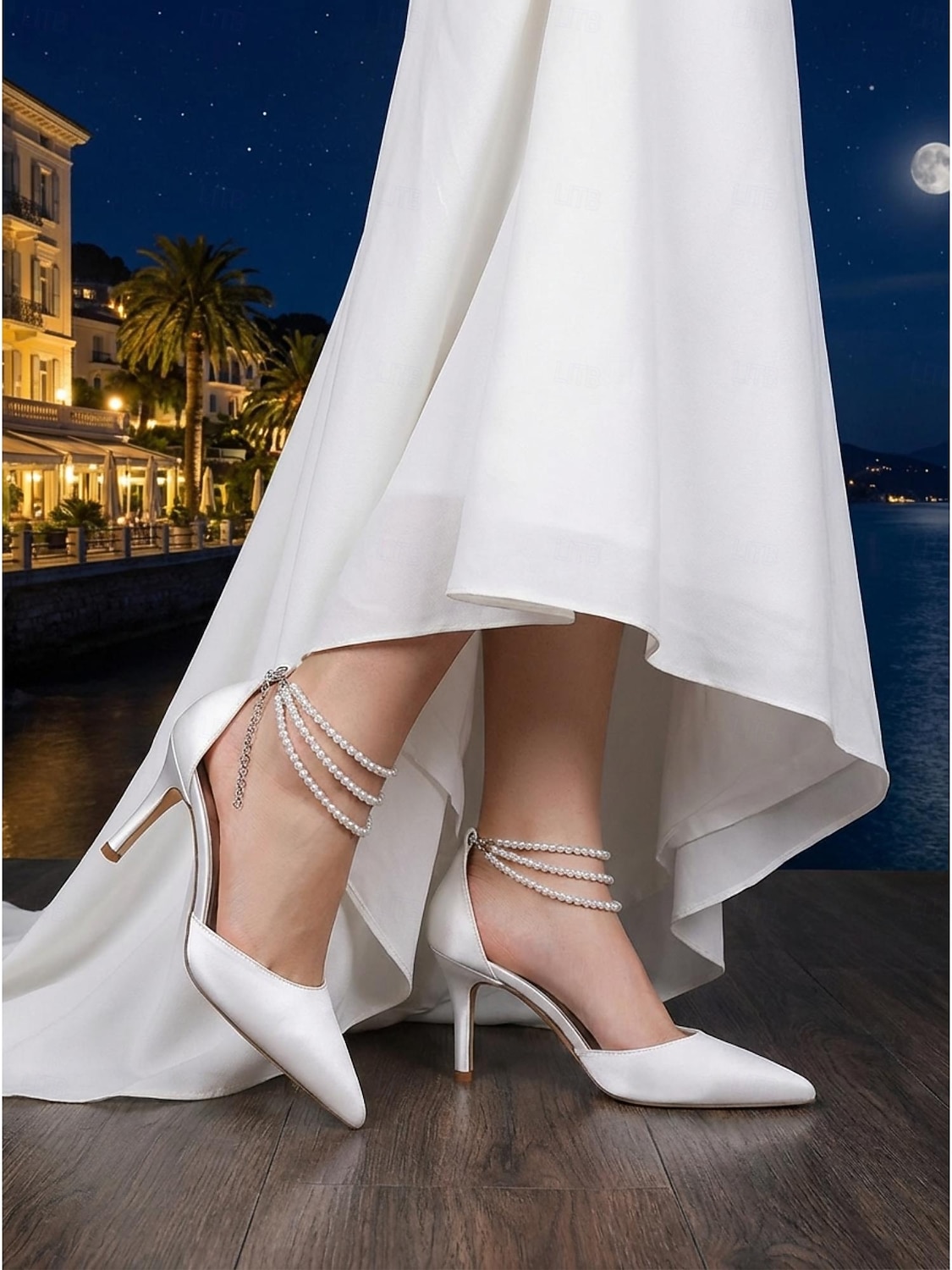 Женские серебристые атласные туфли на каблуке с острым носком и жемчужными ремешками на щиколотке, элегантные свадебные туфли для пляжной свадьбы. 2026 - $54.99 –P2