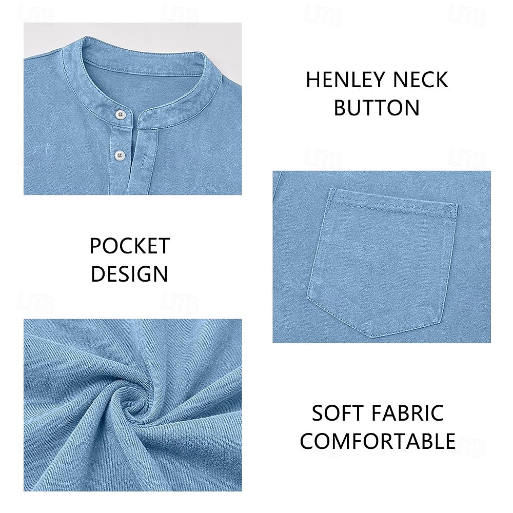Pánské Tričko Henley Košile ze 100% bavlny Tričko Tričko Krátký rukáv Jednobarevné Retro Na běžné nošení Retro styl Barvení oděvů Vybledlý Henley Ležérní Léto Jaro Podzim Světlá růžová Šedá Tričko 2026 - $31.99 –P3