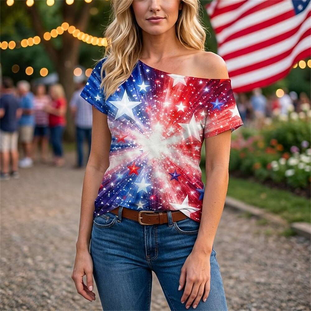 250-jähriges Jubiläum USA Retro Vintage 1980er T-Shirt Ein-Schulter Kurze Ärmel Kostüm Damen 4. Juli Unabhängigkeitstag Erwachsene T-shirt 2026 - $18.99 –P1