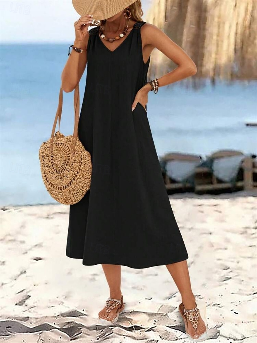 Dames Halflange jurk Hemdjurk Zomerjurk Casual Dagelijks Ruim Passend Effen Mouwloos V-hals Zwart Wijn Beige Zomer 2026 - $32.99 –P5