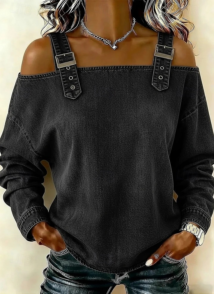 Mujer Blusa Espalda al Aire Color sólido Elegante Vacaciones Vintage Manga Larga Hombros Caídos Tops regulares Diario Exterior Ropa de calle Azul Piscina Bleu Ciel Tela caqui oscura Negro Azul Oscuro 2026 - $28.99 –P3