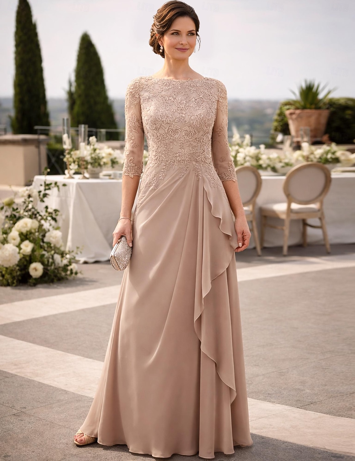Dress Floor Length Wedding Guest Dress Formal Dresses Evening Gown Mother of the Bride Dress 3/4 Length Sleeve Crew Neck Elegant Simple Wedding Guest with Lace Solid Color 2026 - $172.99 –P1