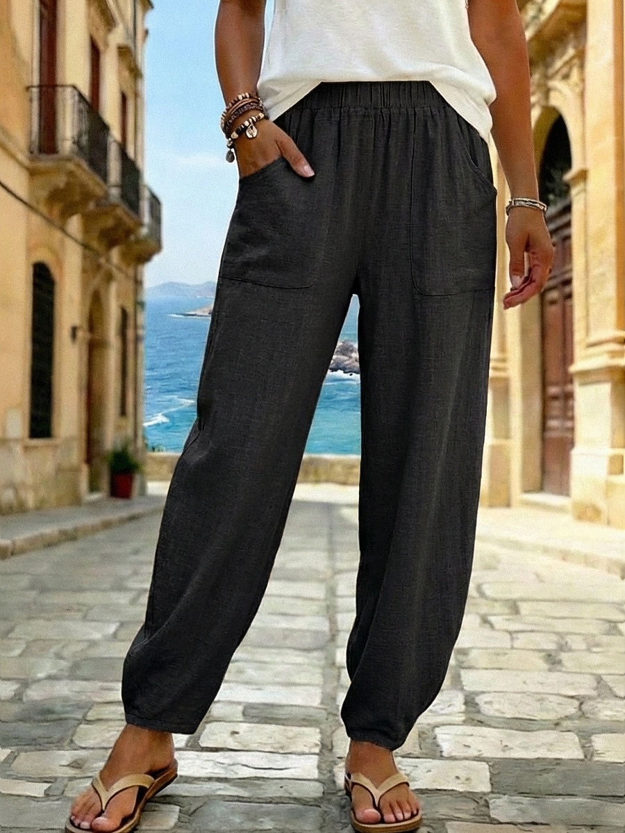 pantaloni estivi da donna 100% cotone pantaloni pantaloni da spiaggia vacanza boho lunghezza alla caviglia colore naturale tinta unita tasca vita elasticizzata spiaggia casual nero bianco verde militare blu scuro estate primavera autunno del 2026 a $21.99 –P4