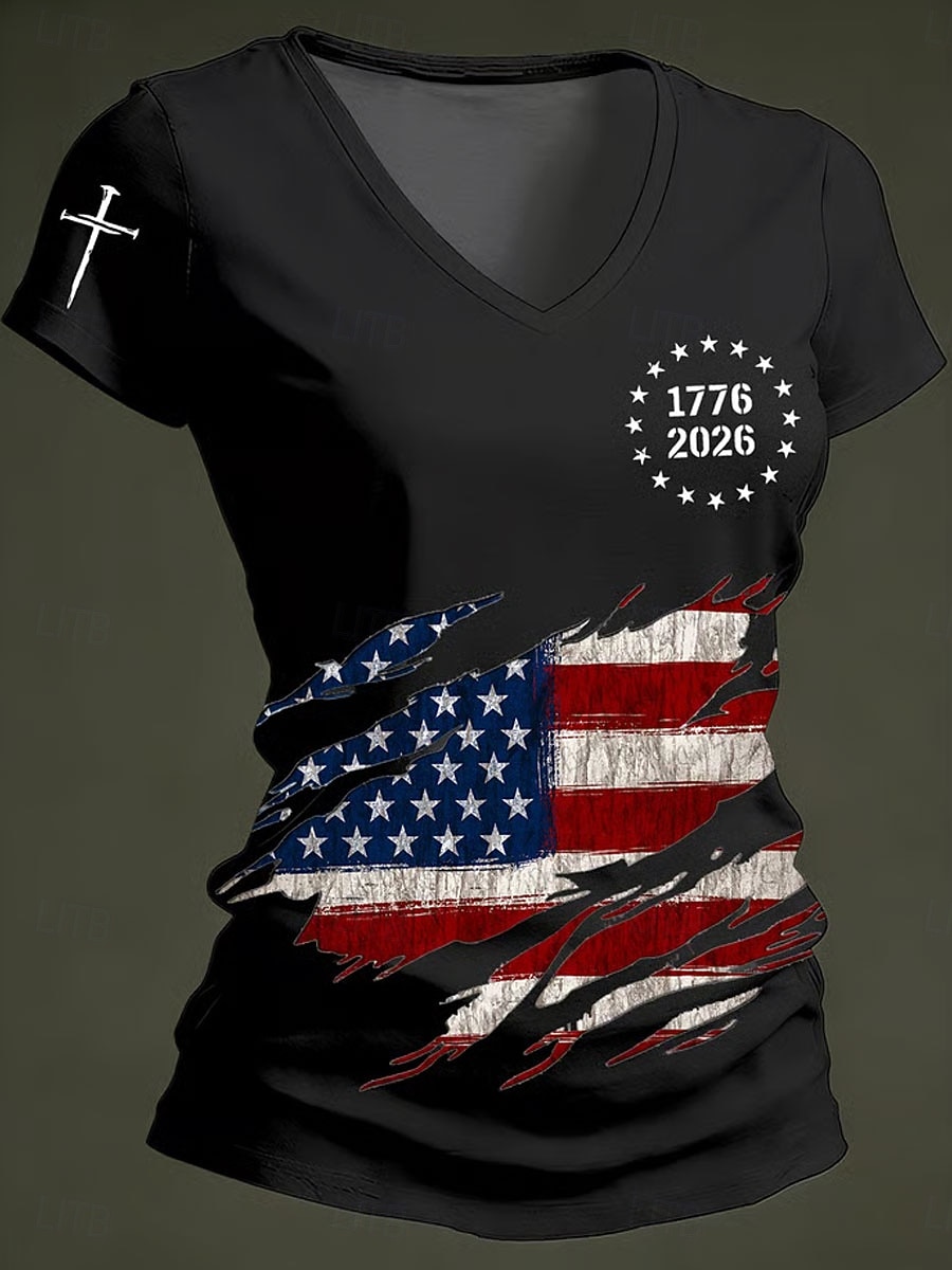 Día de la Independencia Aniversario Americano Camiseta Patriótica de Mujer Impresión Gráfica Bandera Vintage Elegante Clásico Manga Corta Cuello en V Tops Regulares Diarios Azul Negro Blanco Rojo 2026 - $21.99 –P2