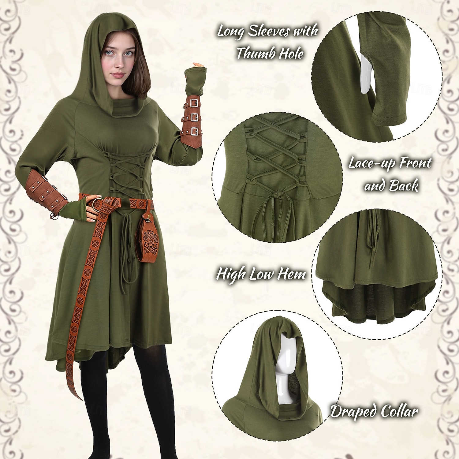 Set Retro vintage Middeleeuws Renaissance Jurken Wapens en Harnassen Ceintuur met accessoires Lange Mouwen Fee Kostuum Dames Halloween Carnaval Maskerade Renaissance beurs Retro themafeest Volwassenen 2026 - $80.99 –P5