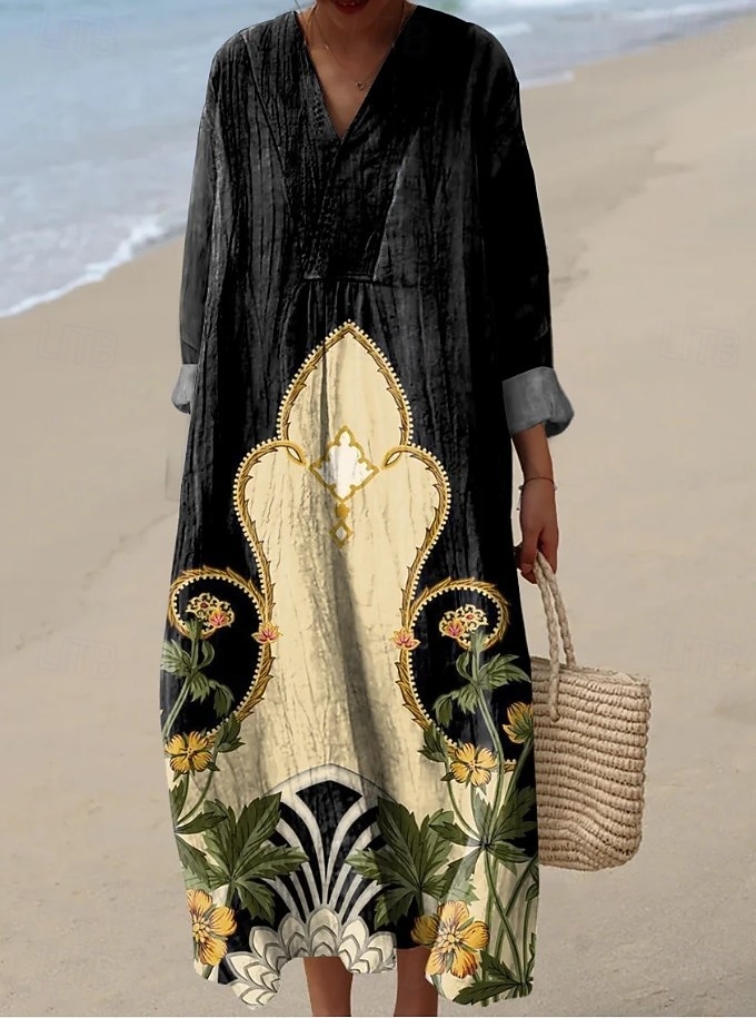 Pentru femei Rochie Maxi Rochie de Vară Rochie A line Vacanță Casual Boho Plajă Petrecere Potrivire Largă Floral Grafic Geometric Manșon Lung În V Alb Albăstrui Negru Kaki Vară Primăvară Toamnă 2026 - $37.99 –P2
