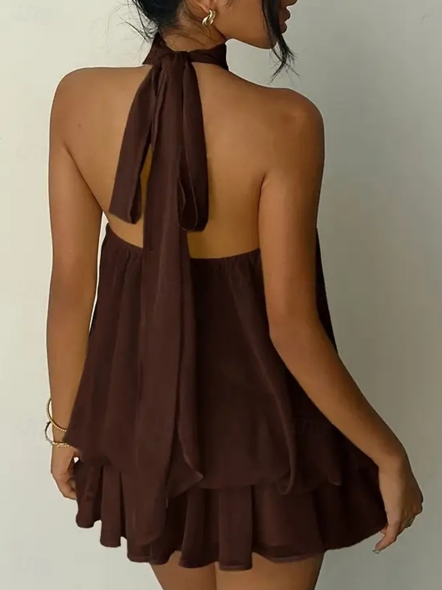 Dames Mini-jurk Zomerjurk halter jurk Casual Dagelijks Strand Feestdagen Ruim Passend Effen Mouwloos Halternek Geel Rood Hemelsblauw Bruin Zomer Lente 2026 - $33.99 –P6