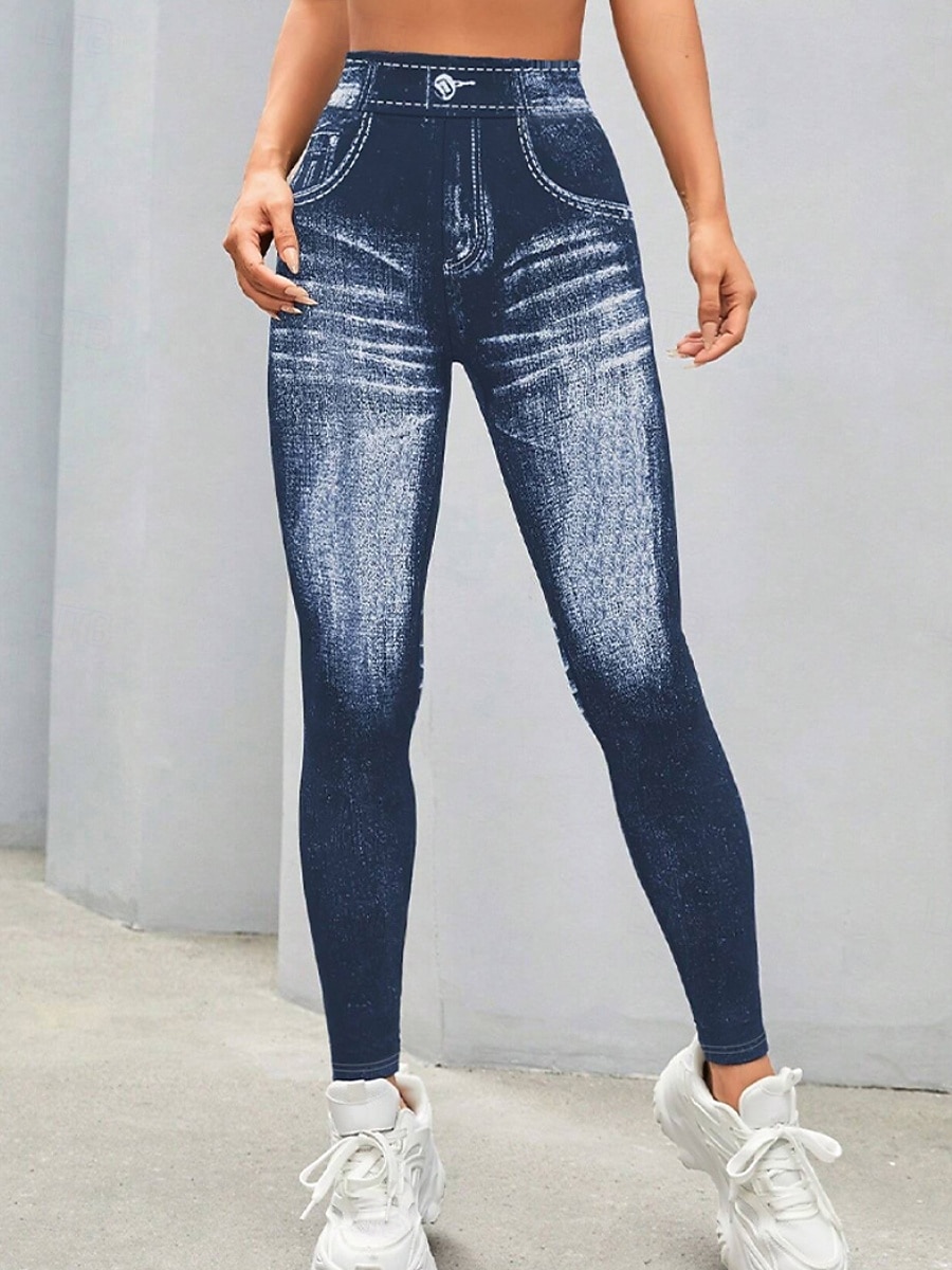 Women's Jeans Leggings Jeggings Vacation Streetwear Casual Full Length Medium Waist Plain Pocket Elastic Waist Comfy High Elasticity Daily Home Outdoor Dark navy Spring Fall Loose Fit 2026 - $14.99 –P4