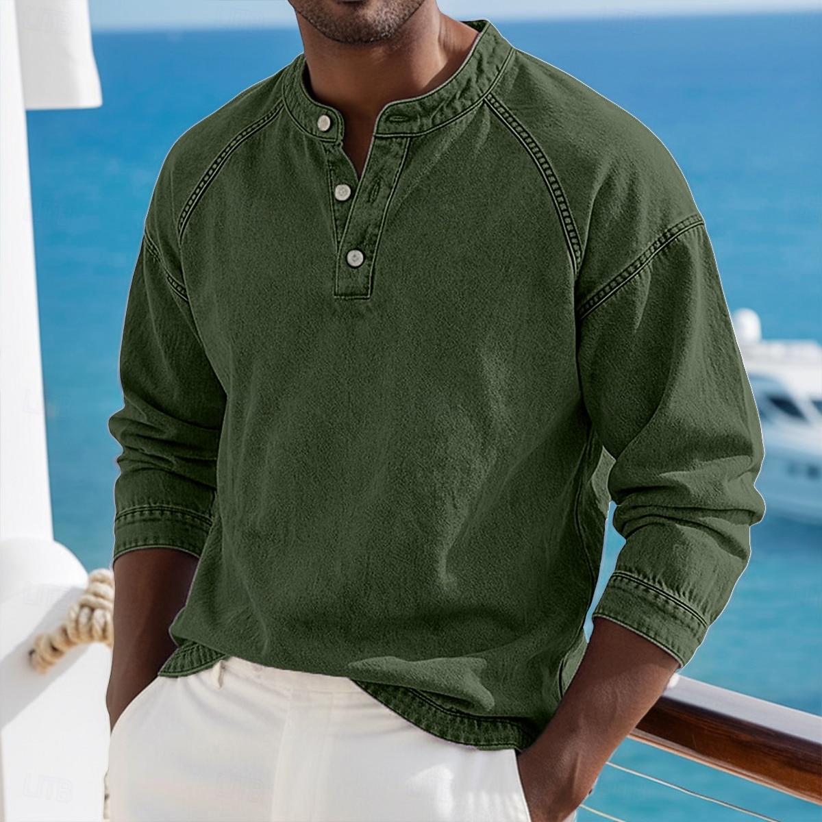 Voor heren T-shirt Henley-shirt Overhemd van 100% katoen met zure wassing Lange mouw Effen Effen kleur Vintage Streetwear Casual Kledingstuk geverfd Bleek Puur Opstaand Henley Casual Huis Straat 2026 - $33.99 –P15