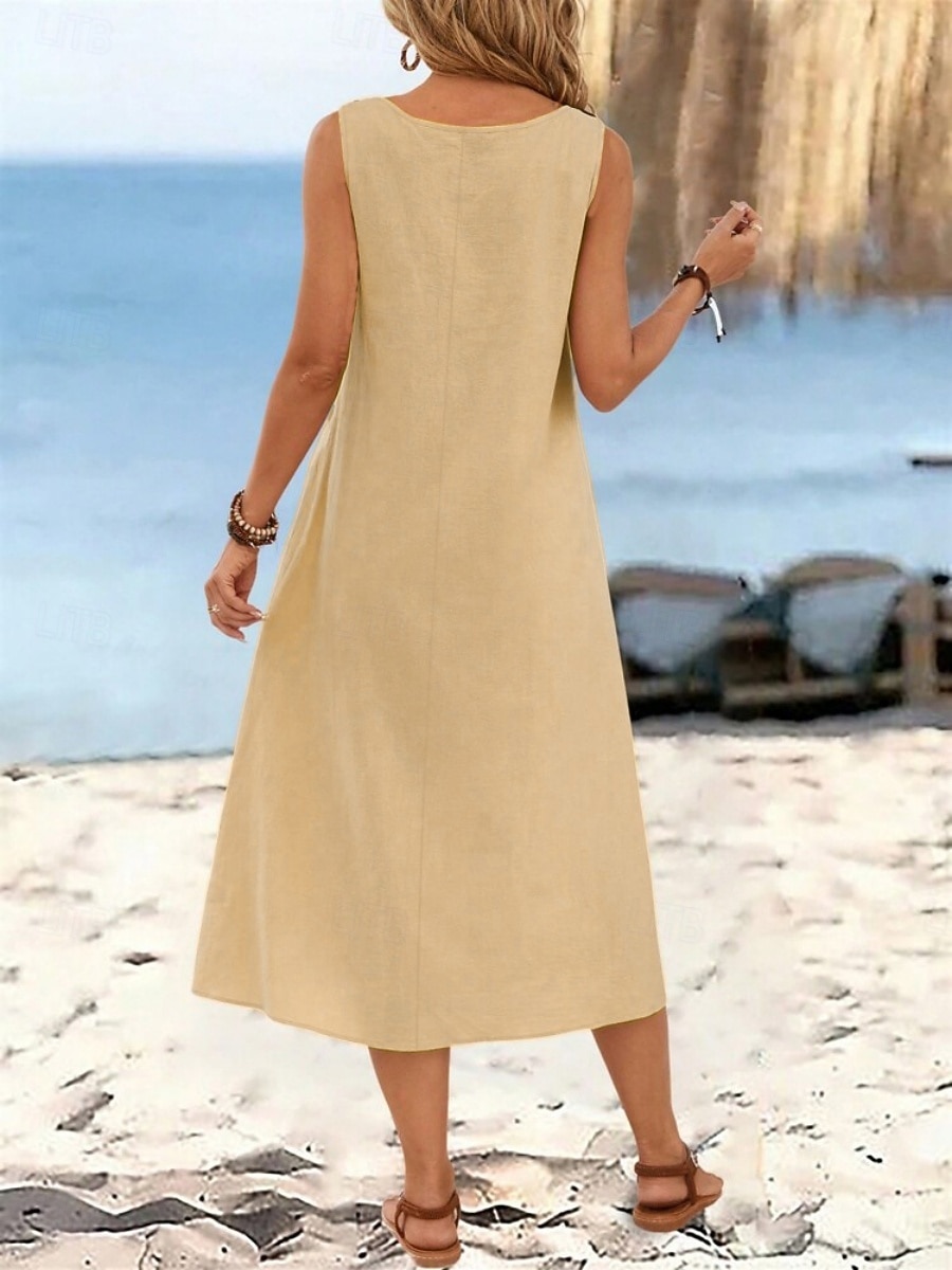 Dames Halflange jurk Hemdjurk Zomerjurk Casual Dagelijks Ruim Passend Effen Mouwloos V-hals Zwart Wijn Beige Zomer 2026 - $32.99 –P2