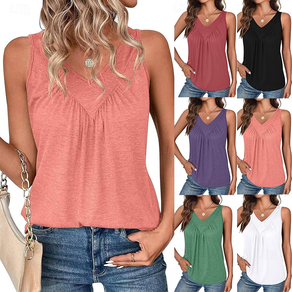 Femmes Débardeur Froncé Uni Mode Élégant Classique Sans manches Col en V Hauts Réguliers Quotidien Sortir Week-end Noir Blanche Rose Claire Rouge Violet Été Printemps de 2026 ? $19.99 –P1
