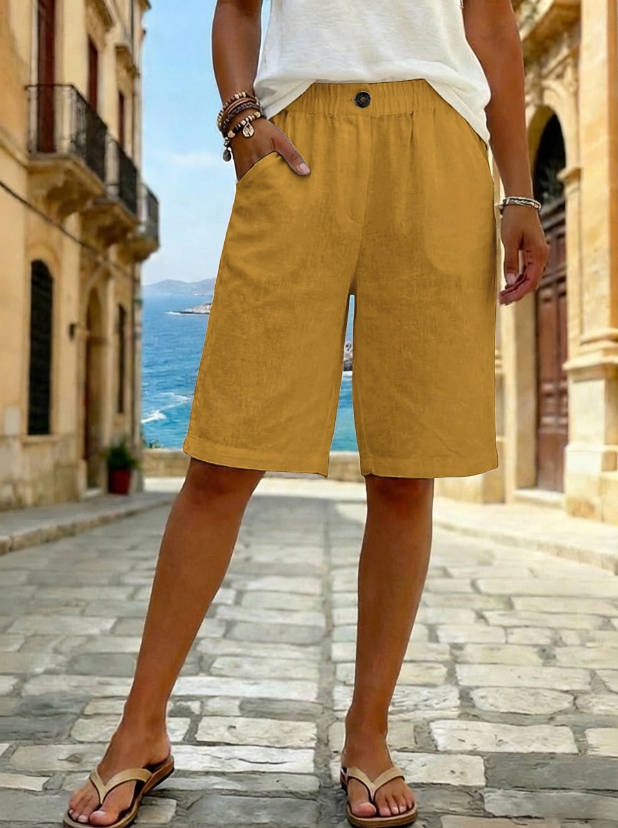 Femmes Pantalon effet lin Bermuda Pantalon capri Shorts Décontracté Quotidien Court Taille Moyenne Uni Poches Latérales Respirabilité Confortable Non Elastique Sortir Week-end Noir Blanche Jaune Vert de 2026 ? $7.99 –P6