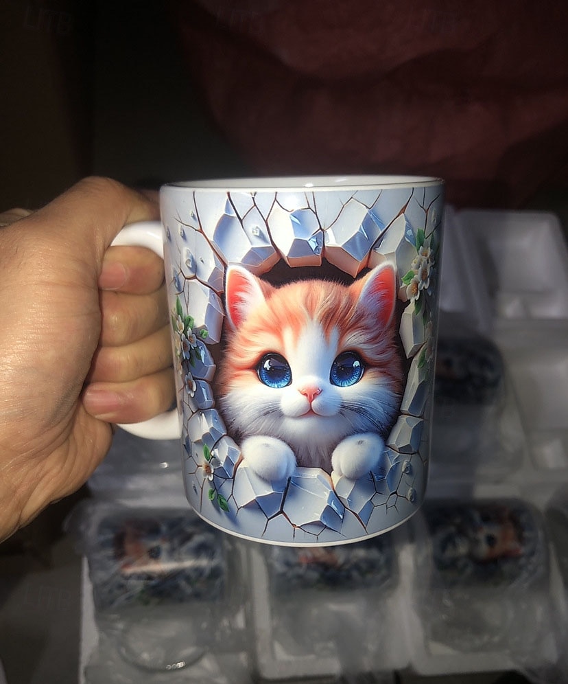 Hrnek na kávu o objemu 293 ml s roztomilým 3D motivem kočky, králíka a ptáka, termohrnek z keramiky, opakovaně použitelný, pouze ruční mytí, rozkošný zvířecí design s květinami, perfektní dárek ke 2026 - $16.99 –P24