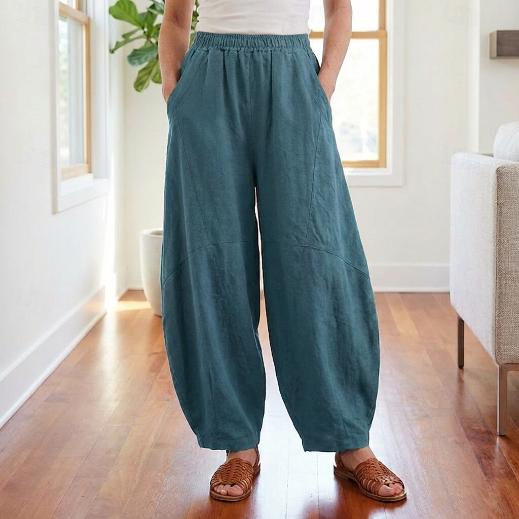 Dam Byxor av linne i bomull Kinesiska Sommarbyxor underbyxor Semester Streetwear Grundläggande Fullängd Medium Midja Slät Ficka Elastiskt midjeband Bekväm Komfort Microelastisk Dagligen Utomhus Gata 2026 - $49.99 –P14