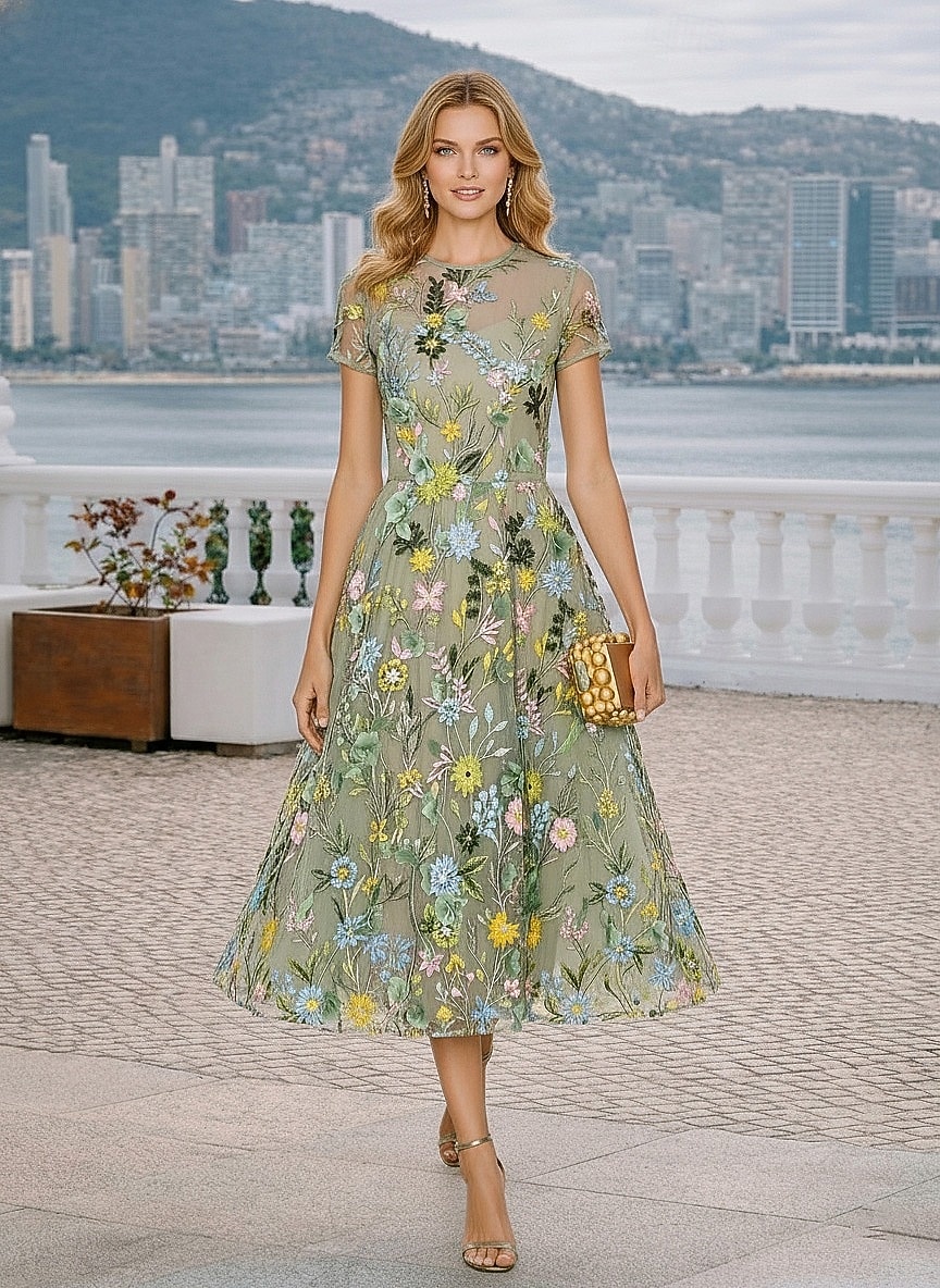 A-Line Tea Length Cocktail Dresses Elegant Floral Short Sleeve Crew Neck Garden Party Wedding Lace with 3D Flowers Embroidery Appliques 2026 - $194.99 –P4