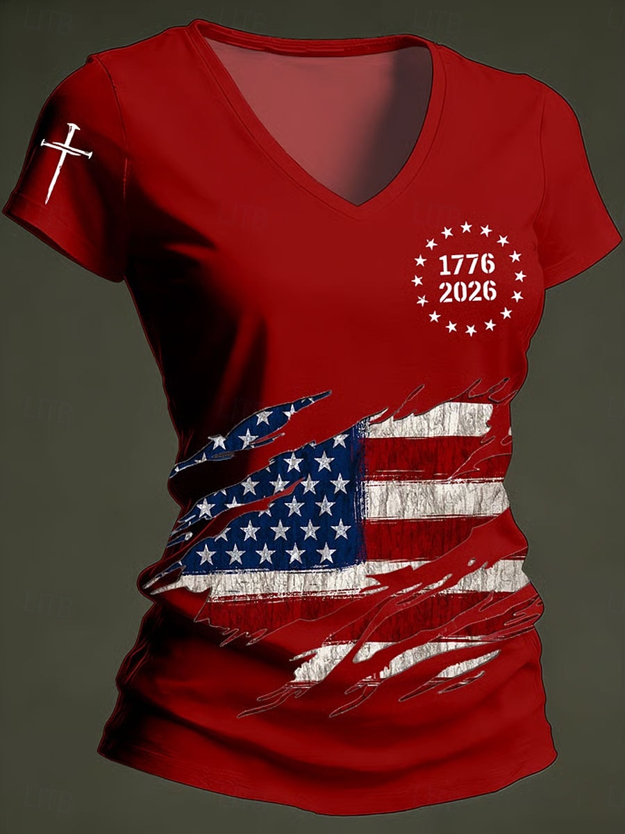 Día de la Independencia Aniversario Americano Camiseta Patriótica de Mujer Impresión Gráfica Bandera Vintage Elegante Clásico Manga Corta Cuello en V Tops Regulares Diarios Azul Negro Blanco Rojo 2026 - $21.99 –P3