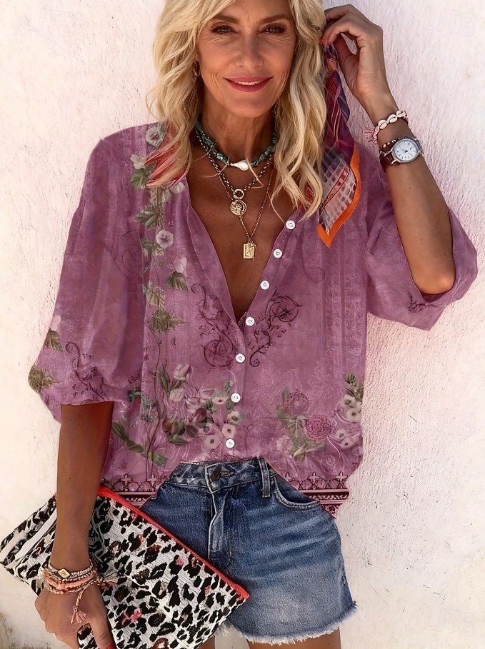 Жен. Рубашка С принтом Омбре Цветочный принт Графика Богемия Винтаж Повседневные Рукав 3/4 V-образный вырез Обычные топы Повседневные Праздники Одежда для пляжа 2026 - $42.99 –P8