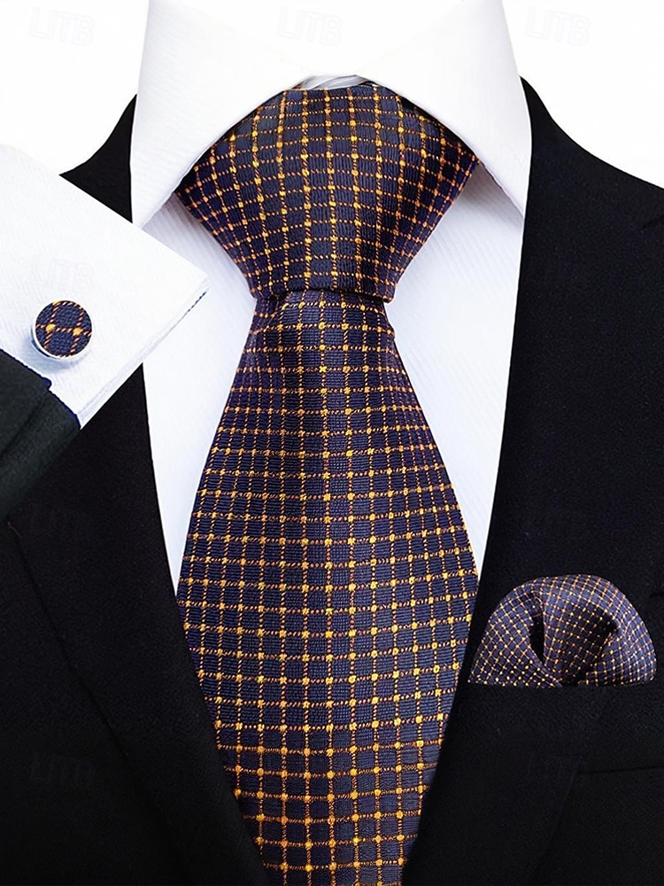 2026年 男性用フォーマルネクタイセット、ポケットチーフとカフスボタン付き - 結婚式、ビジネスパーティー、ガライベントに最適な高級ポリエステルチェック柄ネクタイ - スタイリッシュな花婿の付添人用スーツアクセサリー（複数色）  コレクション – $11.99 –P12