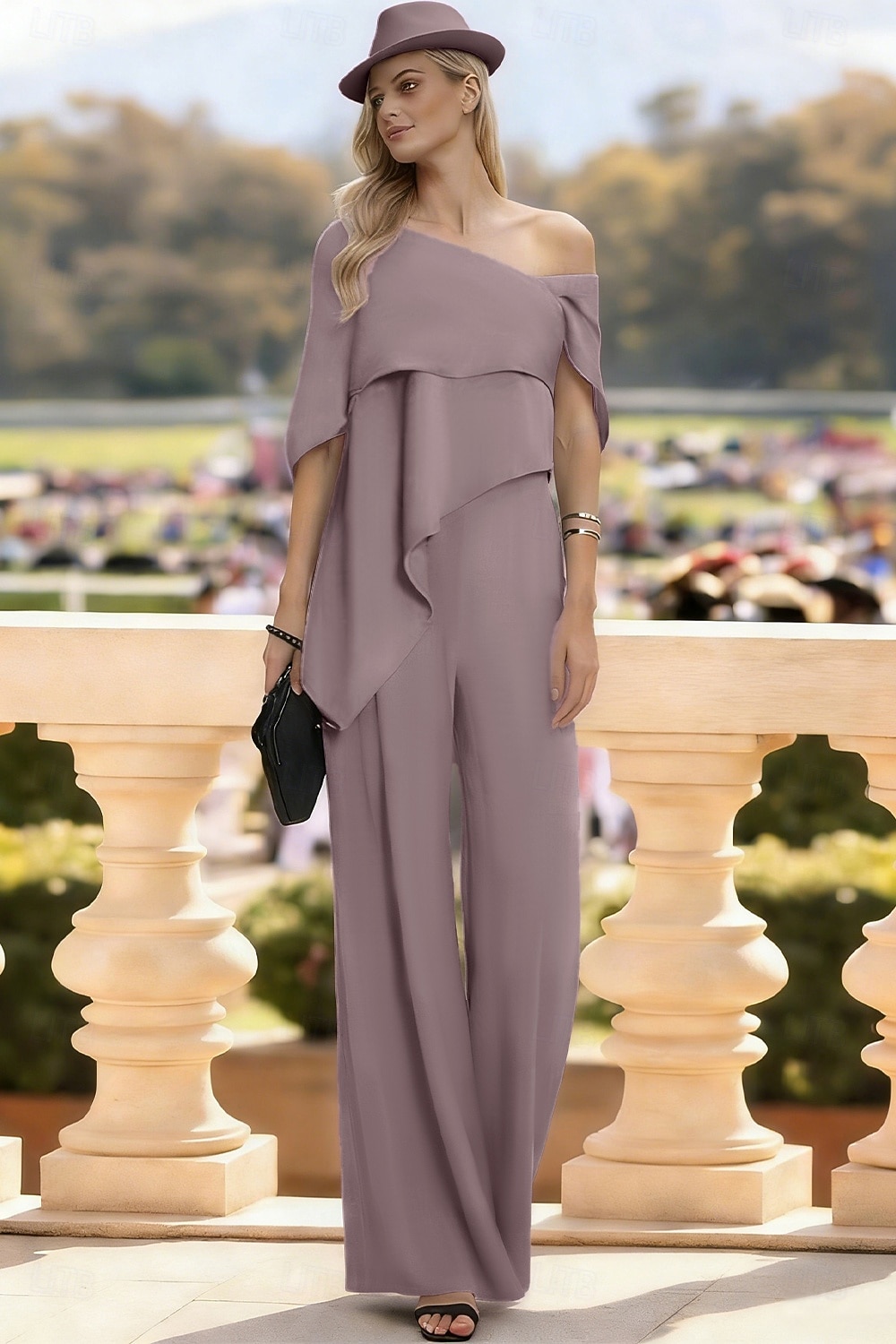 Jumpsuits Floor Length Mother of the Bride Dress Short Sleeve Off Shoulder Elegant Formal Wedding Guest Wedding Party Chiffon with Ruffles 2026 - $160.99 –P15