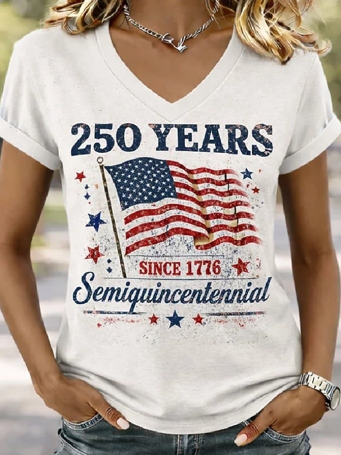 Día de la Independencia Aniversario Americano Camiseta Patriótica de Mujer Impresión Gráfica Bandera Vintage Elegante Clásico Manga Corta Cuello en V Tops Regulares Diarios Azul Blanco Azul Blanco 2026 - $21.99 –P2