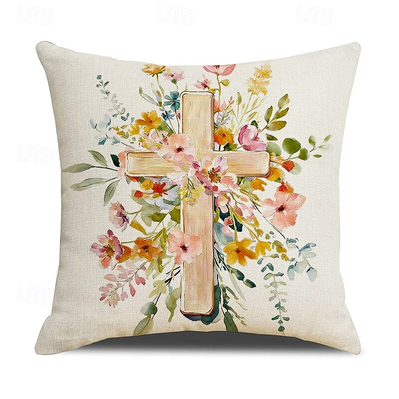 Sada 4 lněných prodyšných povlaků na polštáře s potiskem velikonočních zajíčků, jarní domácí dekorativní povlaky na polštáře na pohovku 2026 - $16.99 –P4