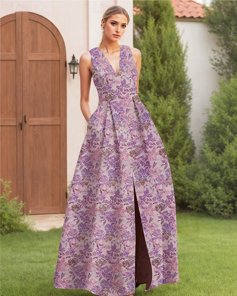 גזרת A עד הריצפה שמלות ערב אלגנטית וינטאג' ללא שרוולים צווארון V חתונה רשמי ניילון עם שסע כיס 2026 - $186.99 –P6