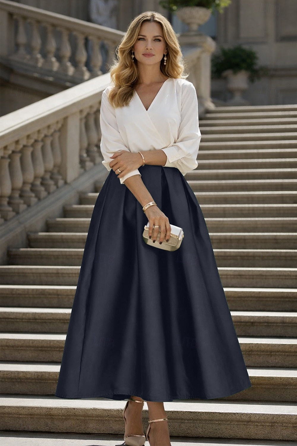 Two Piece Tea Length Cocktail Dresses Party Dresses Elegant Color Block Long Sleeve V Neck Wedding Party Wear Satin with Pleats 2026 - $160.99 –P6