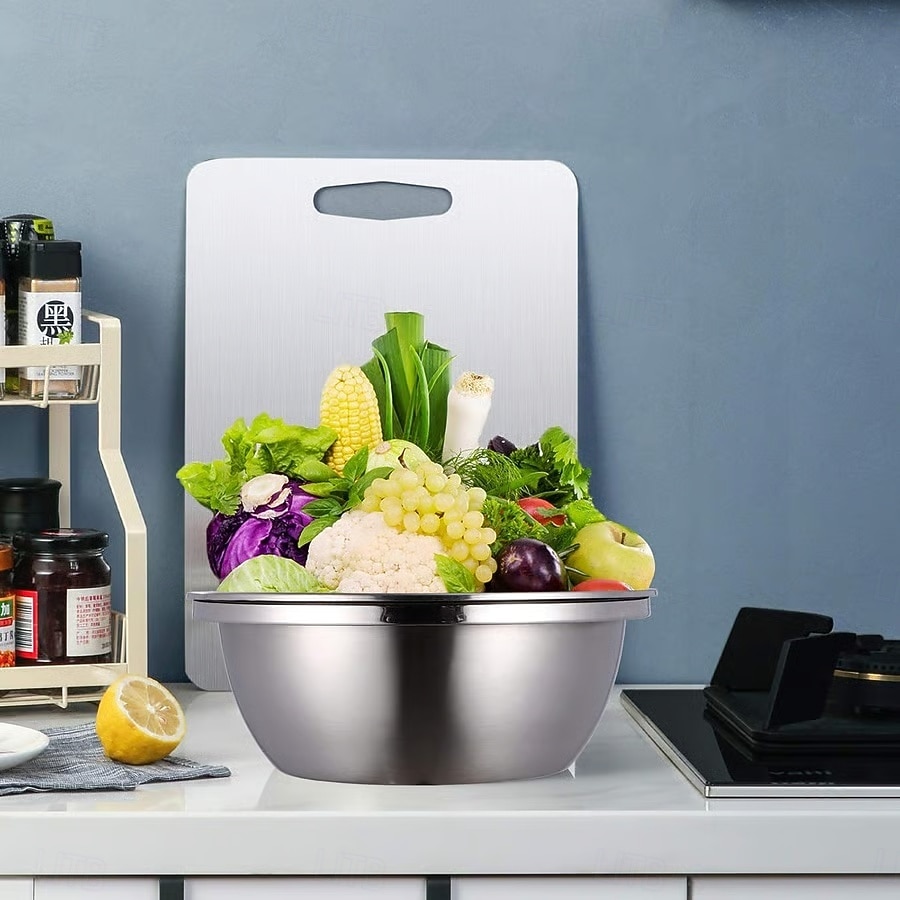 3-delige roestvrijstalen keukenset met geïntegreerde hakmolen, multifunctioneel filter en mengkom, ideaal voor het schoonmaken en snijden van fruit, groenten en kaas, perfect voor thuis koken, 2026 - $21.99 –P6