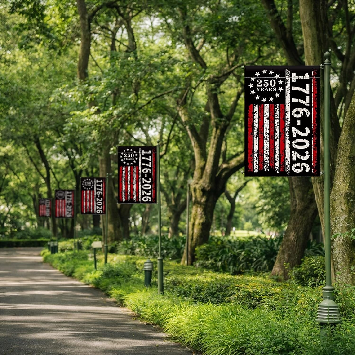 Banner de grădină vintage cu steagul american, aniversare de 250 de ani a SUA (1776-2026), cu design roșu, alb și negru, pentru decor exterior 2026 - $11.99 –P2