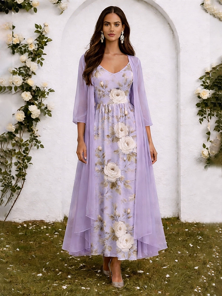 Γυναικεία Σετ Φόρεμα Φόρεμα σε γραμμή Α Κομψό Διακοπές Φλοράλ Γραφική Πολυεπίπεδο Στάμπα Μακρύ φόρεμα 3/4 Μήκος Μανικιού Λαιμόκοψη V Επίσημο Ανθισμένο Ροζ Βυσσινί Πράσινο του τριφυλλιού 2026 - $51.99 –P5