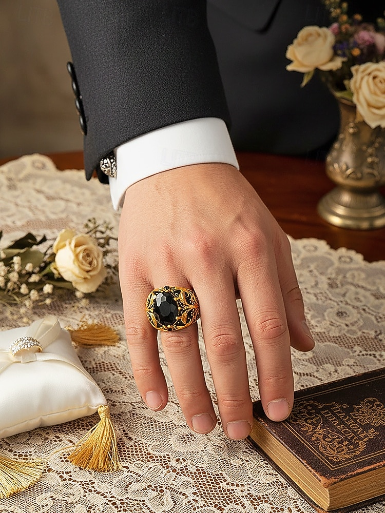 Men's Vintage Royal Court Style Ring, Alloy Material with Black Gemstone, Perfect for Weddings and Parties 2026 - $9.99 –P3
