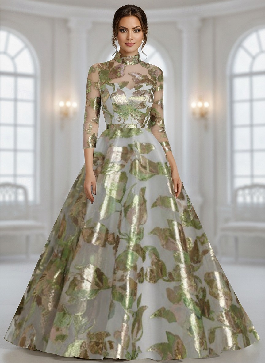 A-Line Floor Length Evening Gown Ball Gown Formal Dress Elegant Floral 3/4 Length Sleeve High Neck Wedding Formal Pocket Jacquard with Pocket 2026 - $206.99 –P1