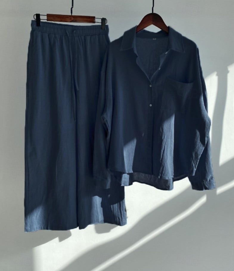 Damen Baumwoll-Leinen Hosen Sets Bolero Oberteil Langarm Hemd Kragen Einfarbig Mode Streetwear Lässig Alltag Draußen Blau Schwarz Weiß Sommer Lockerer Schnitt 2026 - $41.99 –P14