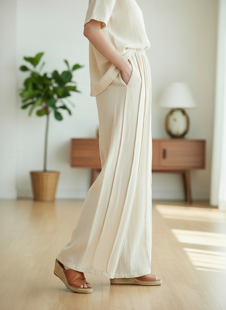 2026年 女性用 コットンリネンパンツ 生意気 チノパン サマーパンツ 旅行度假风 ストリートファッション カジュアル 全長 ミディアムウエスト 純色 弾性ウエストバンド 快適 マイクロエラスティック 日常 アウトドア ストリート ライスホワイト ブラック グリーン 春 秋 ルーズフィット  コレクション – $49.99 –P4