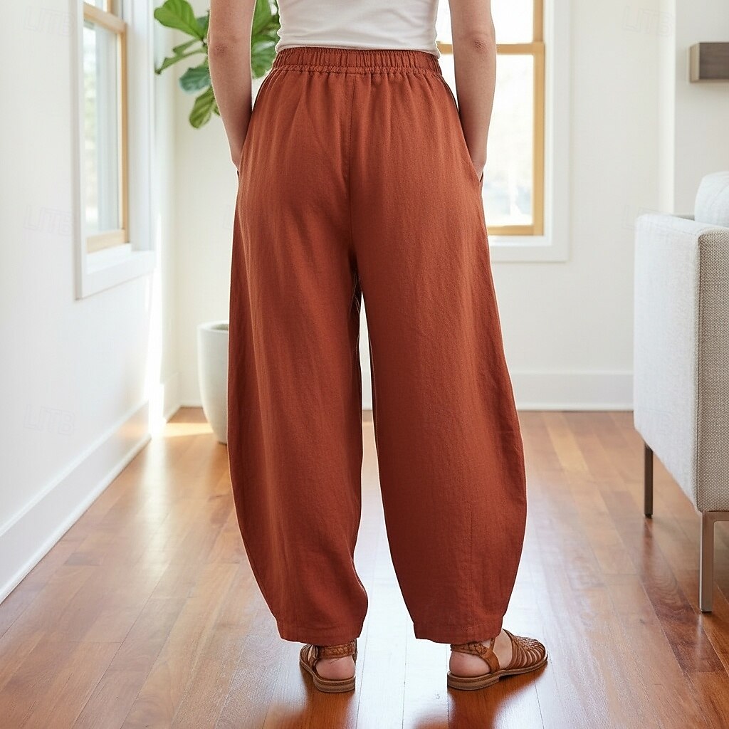 Dam Byxor av linne i bomull Kinesiska Sommarbyxor underbyxor Semester Streetwear Grundläggande Fullängd Medium Midja Slät Ficka Elastiskt midjeband Bekväm Komfort Microelastisk Dagligen Utomhus Gata 2026 - $49.99 –P3