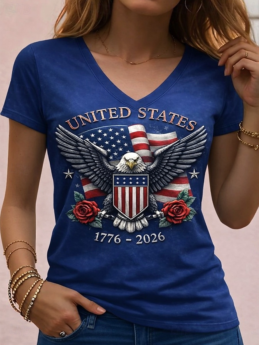 Koszulka patriotyczna dla kobiet z okazji Dnia Niepodległości Amerykańska rocznica nadruk graficzny flaga vintage elegancka klasyczna krótki rękaw dekolt V regularne bluzki codzienne niebieski czarny 2026 - $21.99 –P3