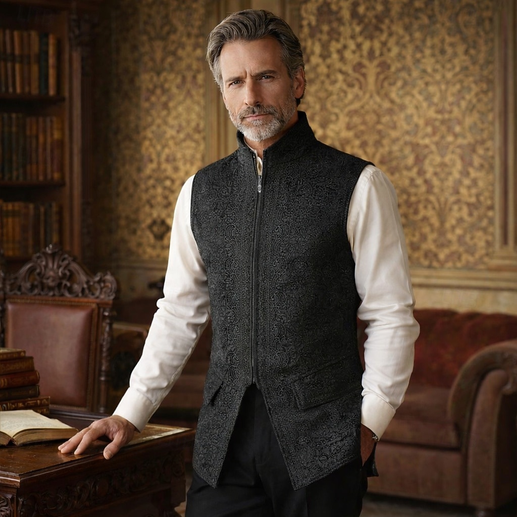 Gothic Victorian Medieval Vest Sleeveless Prince Vampire Gentleman Zip-Up Fancy Dress Men's Halloween Carnival Masquerade Renaissance Fair LARP Retro Theme Party Adults' Vest 2026 - $57.99 –P1