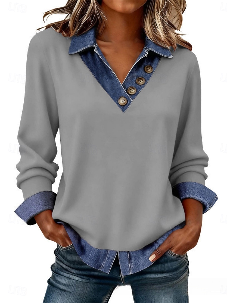 Dames Trui-sweatshirt Lapwerk Knop Effen Casual Lange mouw Revers Normale tops Straat Dagelijks gebruik blauw Zwart Blozend Roze Donkergrijs Abrikoos Lente Herfst Winter 2026 - $36.99 –P1