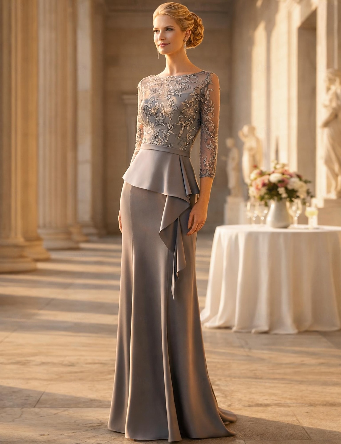 Mermaid Trumpet Floor Length Wedding Guest Dress Formal Dresses Evening Gown Mother of the Bride Dress 3/4 Length Sleeve Half Sleeve Illusion Neck Jewel Neck Elegant Vintage Party Formal Wedding 2026 - $206.99 –P4