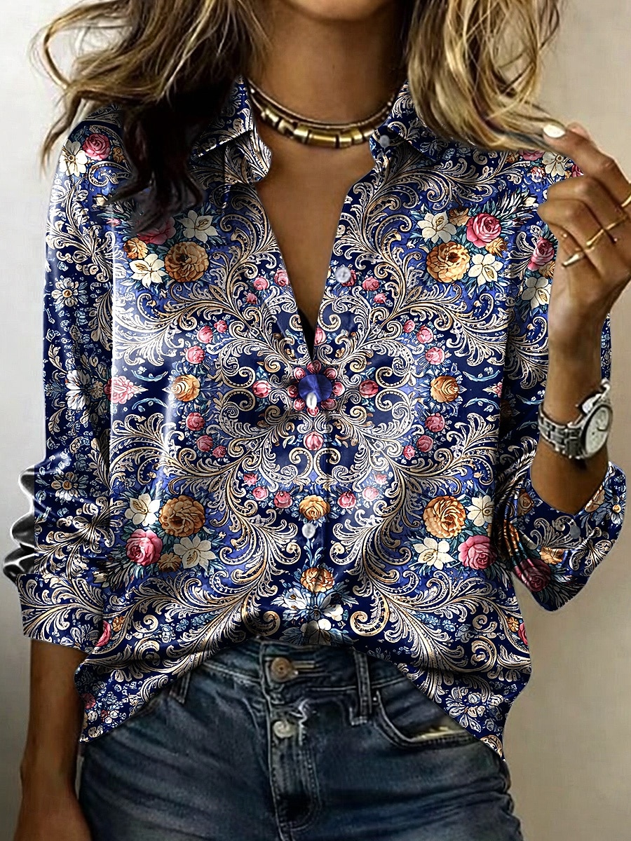 Γυναικεία Πουκάμισο Γραφική Γεωμετρικό Λαχούρι Βοημία Βίντατζ Στυλάτο Μακρυμάνικο Κολάρο Πουκαμίσου Κανονικά μπλουζάκια Καθημερινά Αργίες Θαλασσί Καλοκαίρι Άνοιξη 2026 - $28.99 –P1