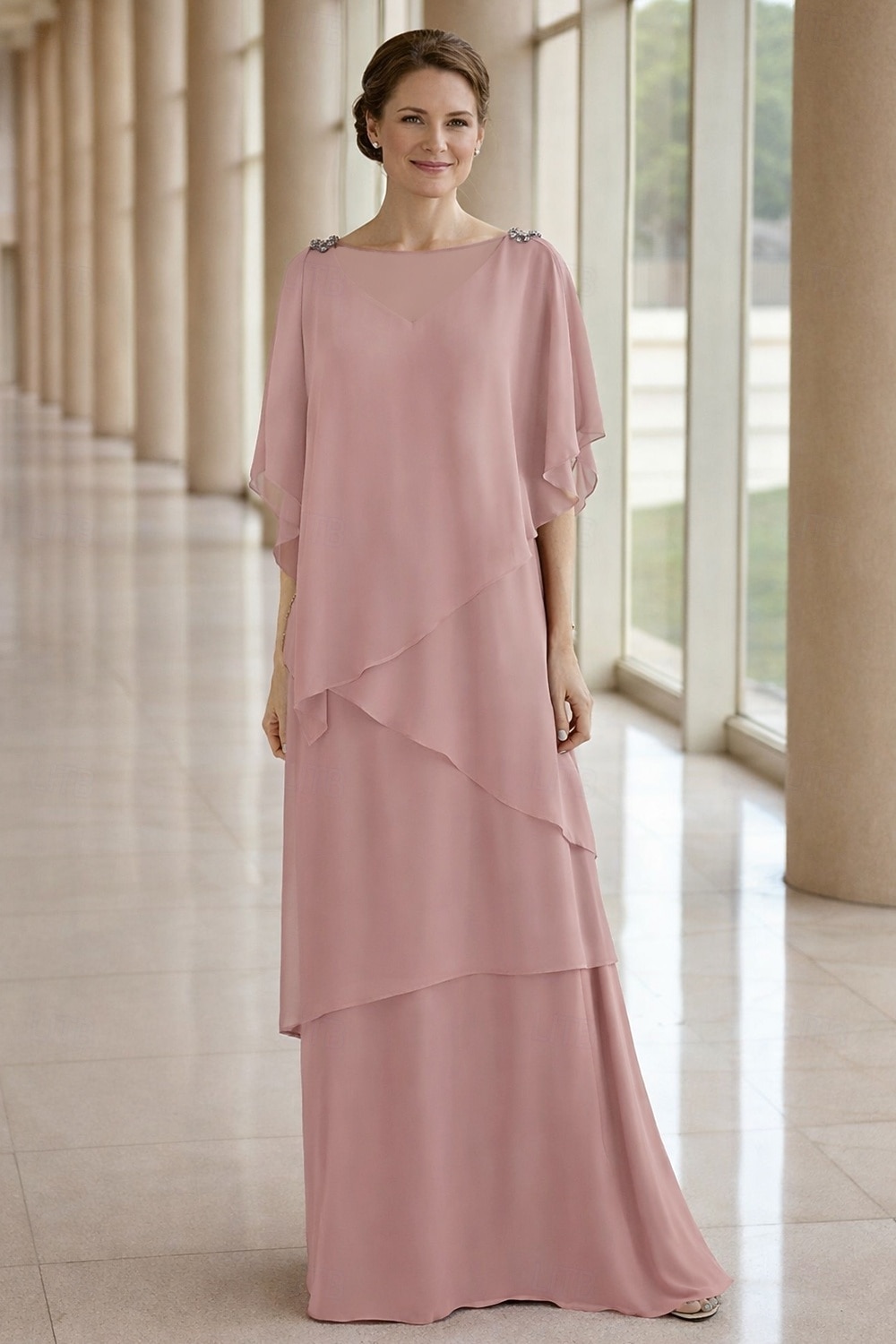 Linea ad A Lunghezza al pavimento Abito da invitata a nozze Abito Formale Abito a Strati Abito da cerimonia per signora Mezza Manica Scollo a Barca Elegante Formale Ospite di nozze Chiffon con Volant del 2026 a $183.99 –P14